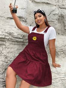 SHEIN Qutie Talla grande Vestido overol con bordado de girasol bajo con fruncido de pana sin camiseta - Burdeos - Ver 8
