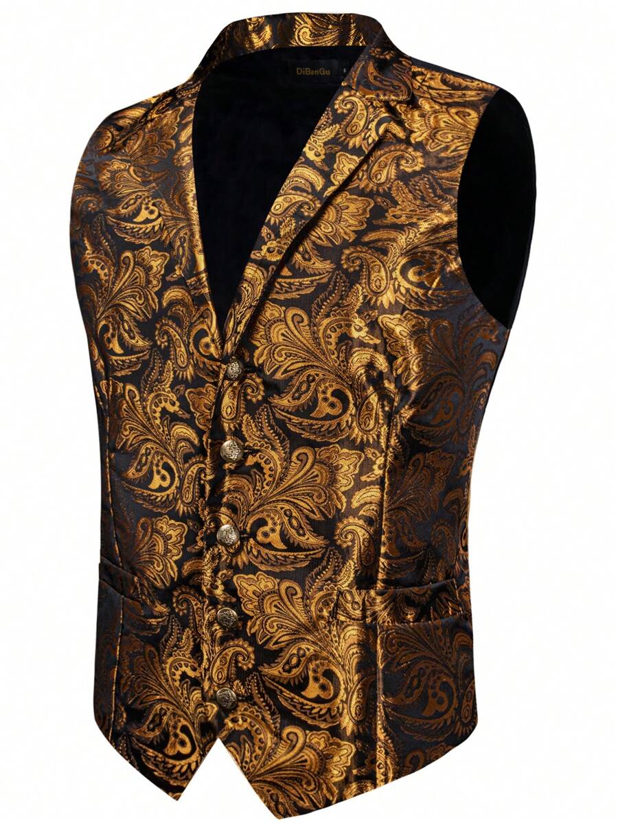 Men Paisley Jacquard Waistcoat - Rust Brown - View 1