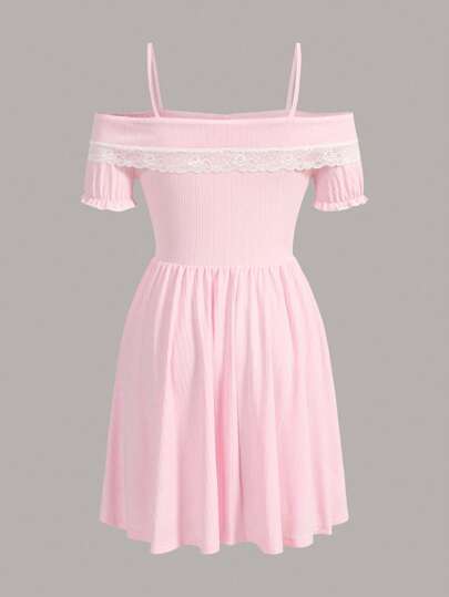 Kawaii Contrast Lace Cold Shoulder Bow Front Dress