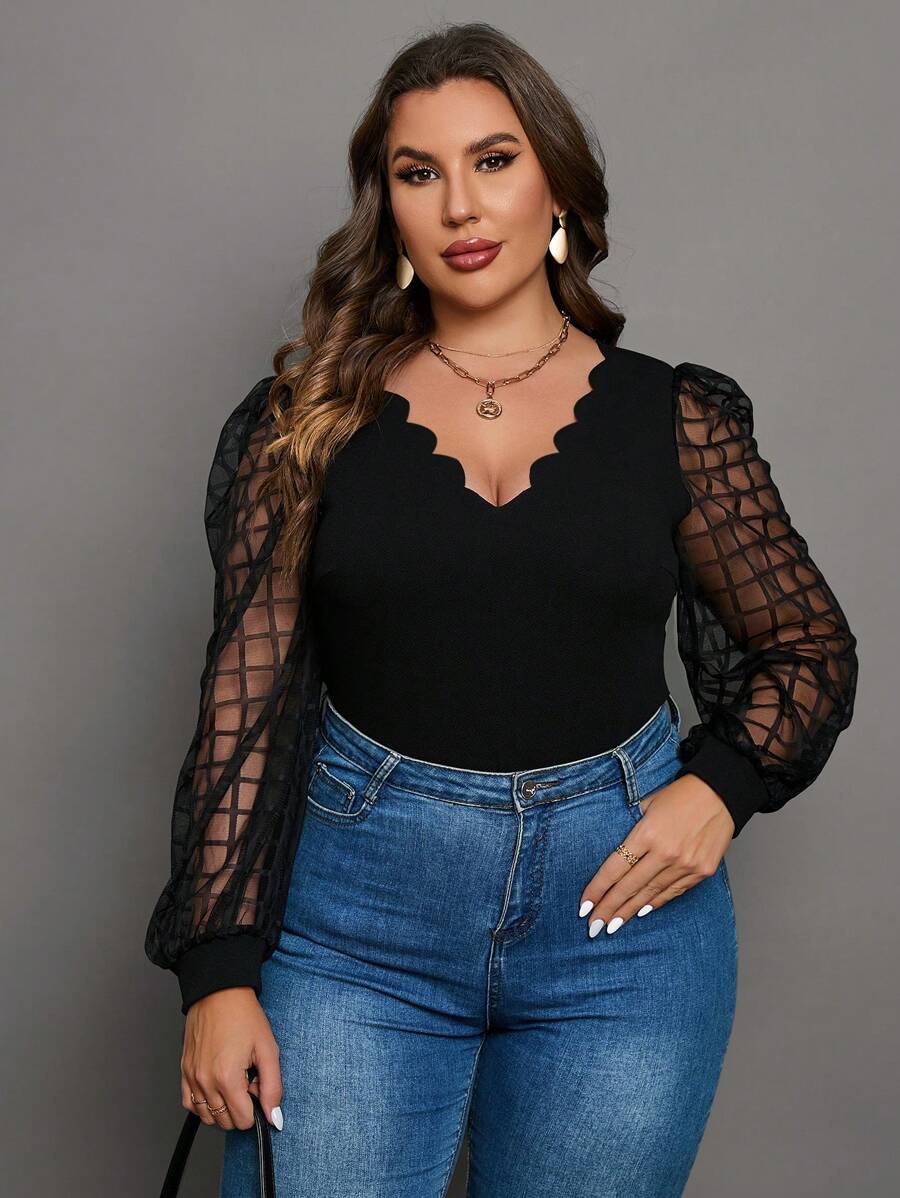 Chikora Plus Contrast Mesh Scallop Trim Lantern Sleeve Top - Black - View 1