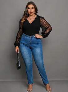 Chikora Plus Contrast Mesh Scallop Trim Lantern Sleeve Top - Black - View 3