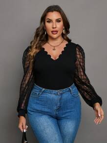 Chikora Plus Contrast Mesh Scallop Trim Lantern Sleeve Top - Black - View 4
