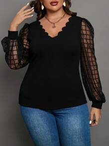 Chikora Plus Contrast Mesh Scallop Trim Lantern Sleeve Top - Black - View 5