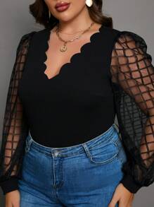 Chikora Plus Contrast Mesh Scallop Trim Lantern Sleeve Top - Black - View 6