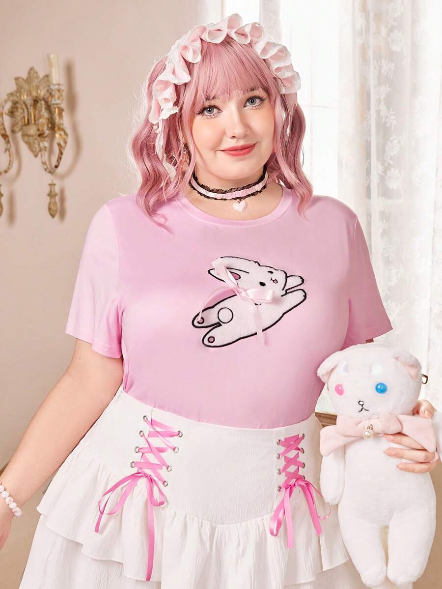 ROMWE Kawaii Hơn Thỏ in Áo thun - Hồng - Xem 1