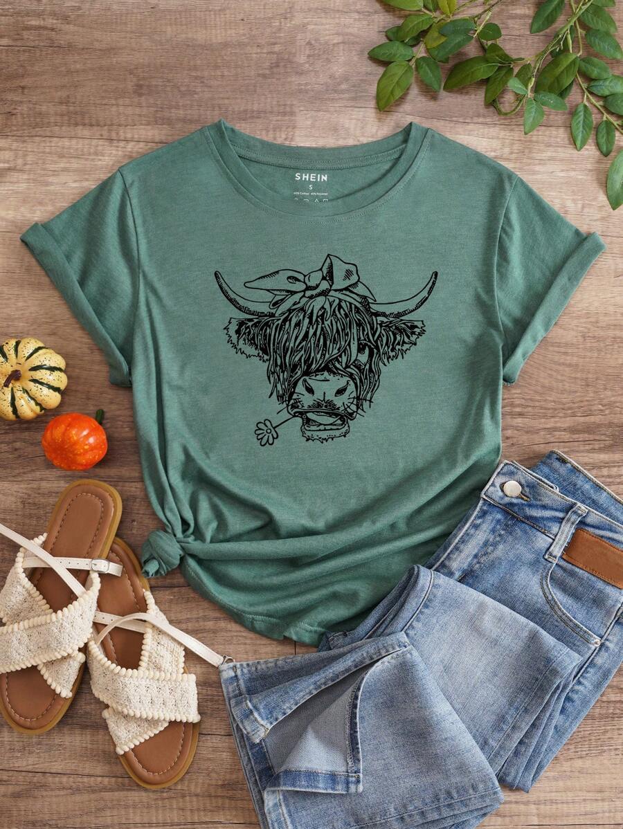 INAWLY Cow Print Tee Graphic Tees Women Tops