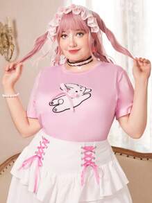 ROMWE Kawaii Hơn Thỏ in Áo thun - Hồng - Xem 2