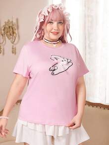 ROMWE Kawaii Hơn Thỏ in Áo thun - Hồng - Xem 5