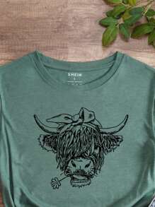 INAWLY Cow Print Tee Graphic Tees Women Tops