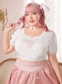 ROMWE Kawaii Plus Angel Print Contrast Lace Puff Sleeve Tee - White - View 1