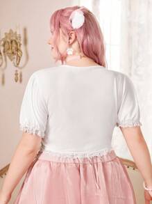 ROMWE Kawaii Plus Angel Print Contrast Lace Puff Sleeve Tee - White - View 2