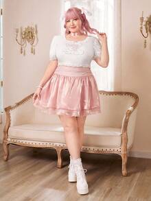ROMWE Kawaii Plus Angel Print Contrast Lace Puff Sleeve Tee - White - View 5