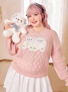 ROMWE Kawaii Plus Cartoon Pattern Drop Shoulder Cable Knit Sweater - Pink - View 1