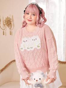 ROMWE Kawaii Plus Cartoon Pattern Drop Shoulder Cable Knit Sweater - Pink - View 2
