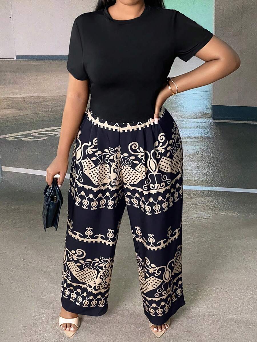 Slaydiva 大碼素色T恤&圖案印花闊腿褲 - 彩色 - 查看 1