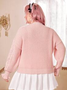 ROMWE Kawaii Plus Cartoon Pattern Drop Shoulder Cable Knit Sweater - Pink - View 3