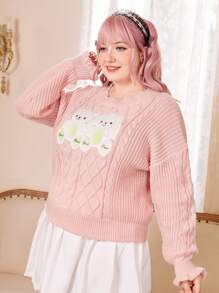 ROMWE Kawaii Plus Cartoon Pattern Drop Shoulder Cable Knit Sweater - Pink - View 4