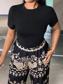 Slaydiva 大碼素色T恤&圖案印花闊腿褲 - 彩色 - 查看 3