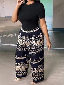 Slaydiva 大碼素色T恤&圖案印花闊腿褲 - 彩色 - 查看 4