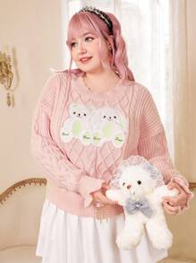 ROMWE Kawaii Plus Cartoon Pattern Drop Shoulder Cable Knit Sweater - Pink - View 6