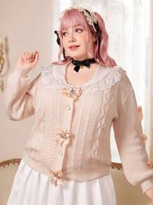 ROMWE Kawaii Plus Contrast Lace Bow Front Cable Knit Cardigan - Baby Pink - View 1