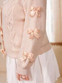 ROMWE Kawaii Plus Contrast Lace Bow Front Cable Knit Cardigan - Baby Pink - View 3