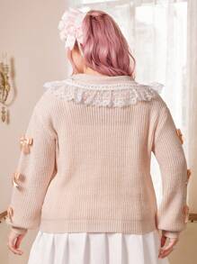 ROMWE Kawaii Plus Contrast Lace Bow Front Cable Knit Cardigan - Baby Pink - View 5