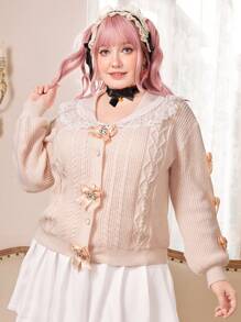 ROMWE Kawaii Plus Contrast Lace Bow Front Cable Knit Cardigan - Baby Pink - View 6