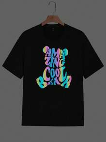 Manfinity RebelGame 男士反光熊和字母圖案T恤 - 綠色 - 查看 2