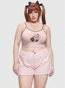 ROMWE Kawaii Talla grande Top de tirantes con estampado de dibujos animados unido en contraste