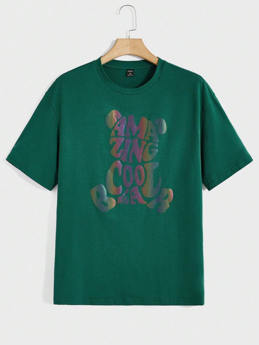 Manfinity RebelGame 男士反光熊和字母圖案T恤 - 綠色 - 查看 1