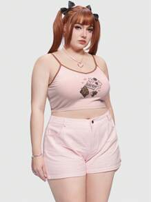 ROMWE Kawaii Talla grande Top de tirantes con estampado de dibujos animados unido en contraste