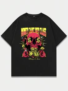 ROMWE MEN Street Life Guys Skull & Letter Graphic Tee - Black - View 1