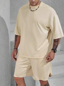 Manfinity Homme Men Plus Solid Drop Shoulder Tee & Shorts - Apricot - View 3