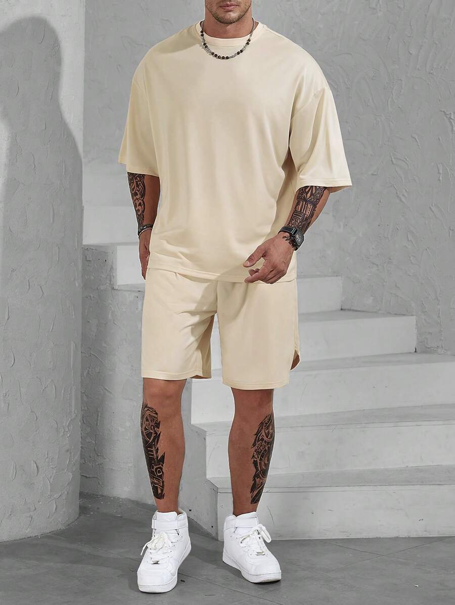 Manfinity Homme Men Plus Solid Drop Shoulder Tee & Shorts - Apricot - View 1