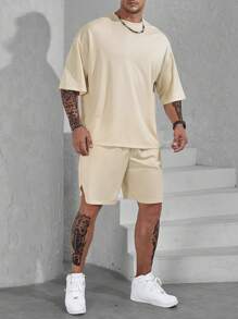 Manfinity Homme Men Plus Solid Drop Shoulder Tee & Shorts - Apricot - View 4