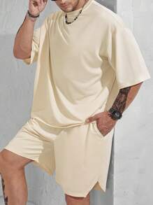 Manfinity Homme Men Plus Solid Drop Shoulder Tee & Shorts - Apricot - View 6