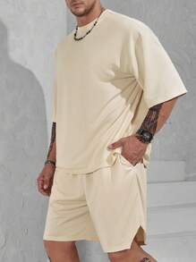 Manfinity Homme Men Plus Solid Drop Shoulder Tee & Shorts - Apricot - View 7