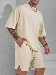 Manfinity Homme Men Plus Solid Drop Shoulder Tee & Shorts - Apricot - View 8