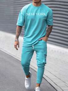 Manfinity Homme Nam Đồ họa Chữ cái Áo thun & Eo dây rút Quần thể thao - Màu xanh bạc hà - Xem 1