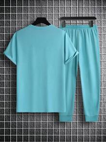 Manfinity Homme Nam Đồ họa Chữ cái Áo thun & Eo dây rút Quần thể thao - Màu xanh bạc hà - Xem 2