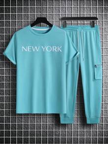 Manfinity Homme Nam Đồ họa Chữ cái Áo thun & Eo dây rút Quần thể thao - Màu xanh bạc hà - Xem 4