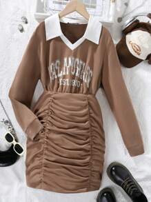 Teen Girl Letter Graphic Contrast Collar Ruched Dress - Brown - View 1