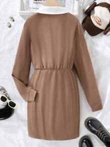 Teen Girl Letter Graphic Contrast Collar Ruched Dress - Brown - View 2