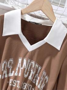 Teen Girl Letter Graphic Contrast Collar Ruched Dress - Brown - View 4