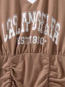 Teen Girl Letter Graphic Contrast Collar Ruched Dress - Brown - View 6