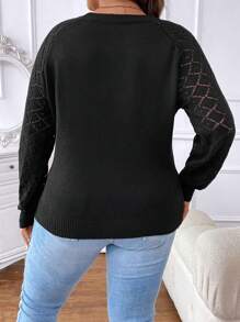 SHEIN LUNE 大碼素色網眼針織插肩袖套頭毛衣 - 黑色 - 查看 2