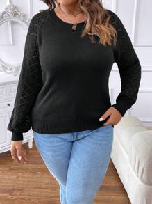 SHEIN LUNE 大碼素色網眼針織插肩袖套頭毛衣 - 黑色 - 查看 3