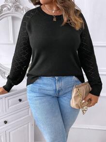 SHEIN LUNE 大碼素色網眼針織插肩袖套頭毛衣 - 黑色 - 查看 1