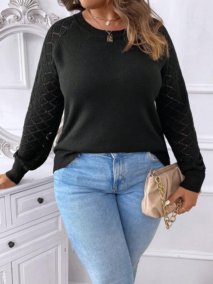 SHEIN LUNE 大碼素色網眼針織插肩袖套頭毛衣 - 黑色 - 查看 1